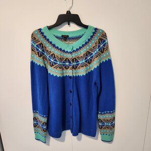 Talbots Blue/ Green Fair Isle Nordic Button Down Cardigan Sweater - XL